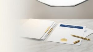 A stack of documents, a gold pen with its cap, and an official paper with a gold seal are arranged on a marble surface.