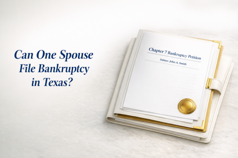 White Chapter 7 folder and gold seal on marble for one-spouse bankruptcy in Texas, Warren & Migliaccio, L.L.P.