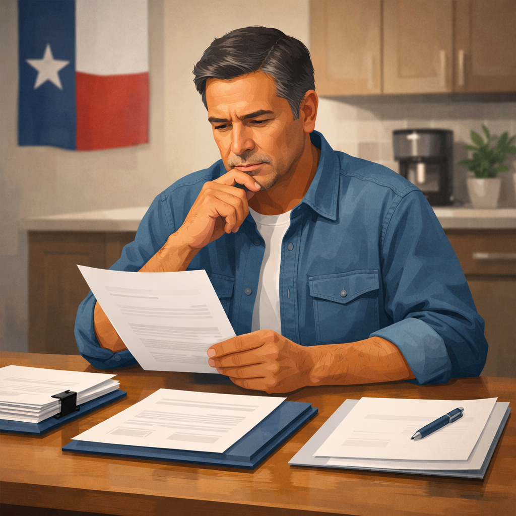 Concerned Texas resident reviewing OneMain Financial lawsuit papers with organized documents