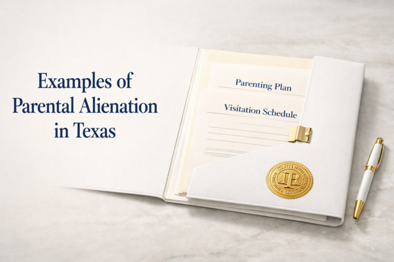 White child custody folder and parenting plan on marble desk for parental alienation in Texas, Warren & Migliaccio, L.L.P.
