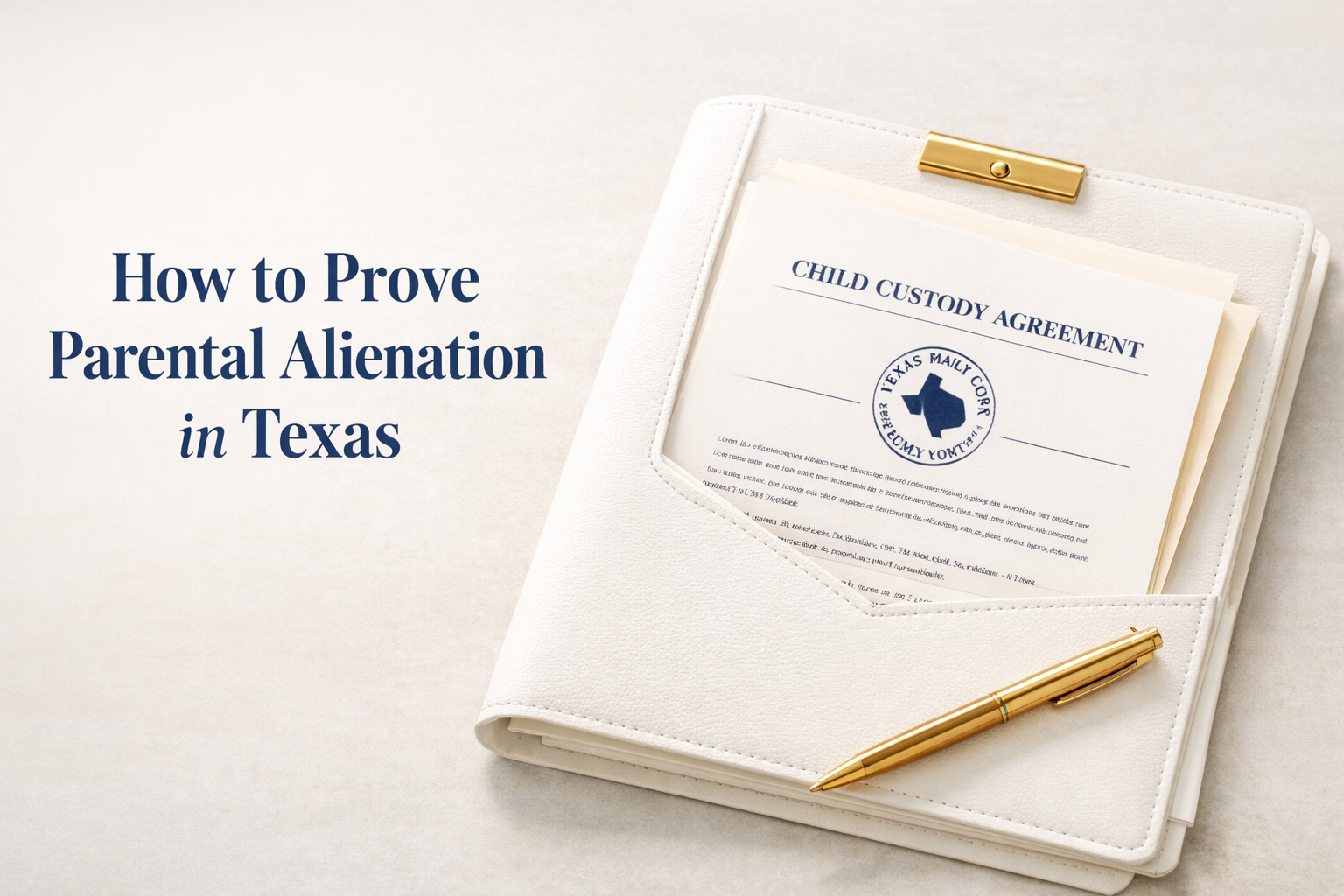 A white folder labeled "Child Custody Agreement" with a gold pen, next to text reading "How to Prove Parental Alienation in Texas.