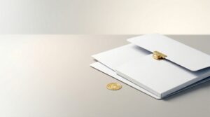 A white envelope with a gold clasp rests on a light-colored surface next to a single gold coin.
