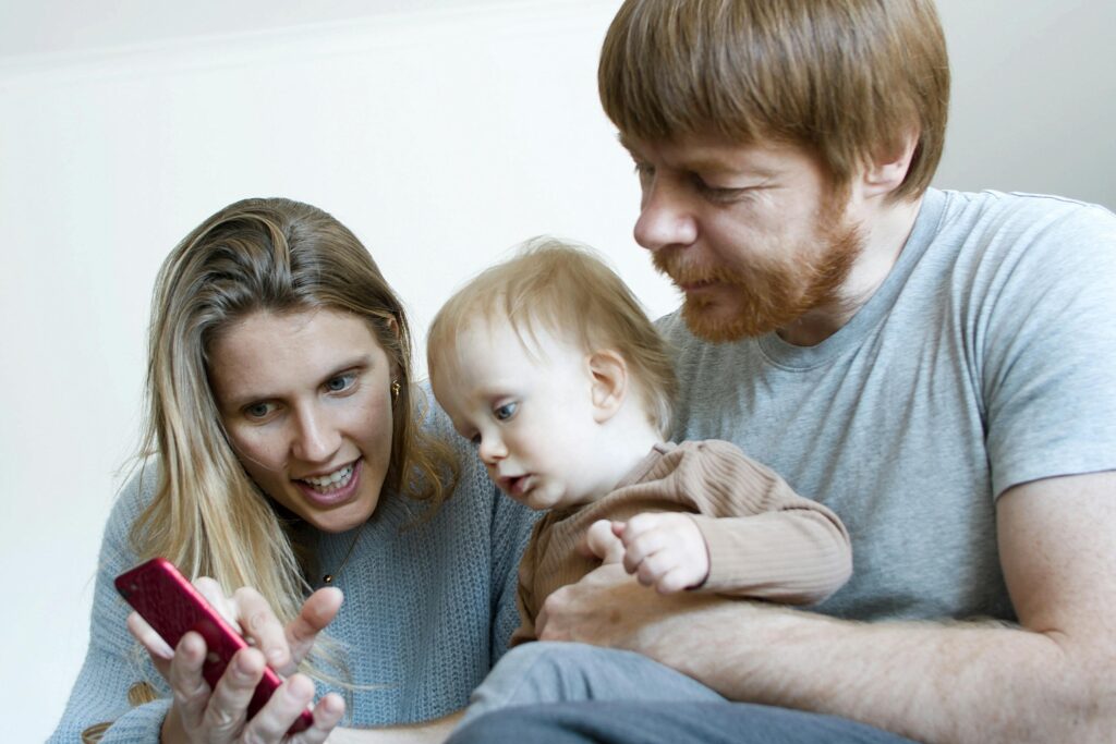 A family looking at phone