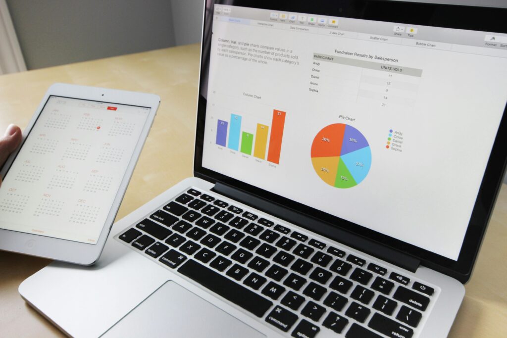A laptop with graph charts on screen