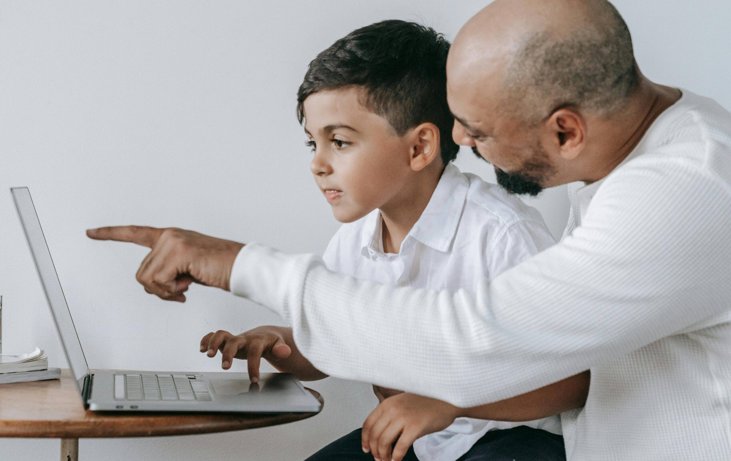 Father and son viewing website on laptop