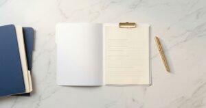 An open clipboard with lined paper and printed questions, a gold pen, and two closed blue folders on a white marble surface.