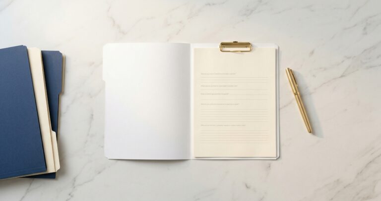 An open clipboard with lined paper and printed questions, a gold pen, and two closed blue folders on a white marble surface.