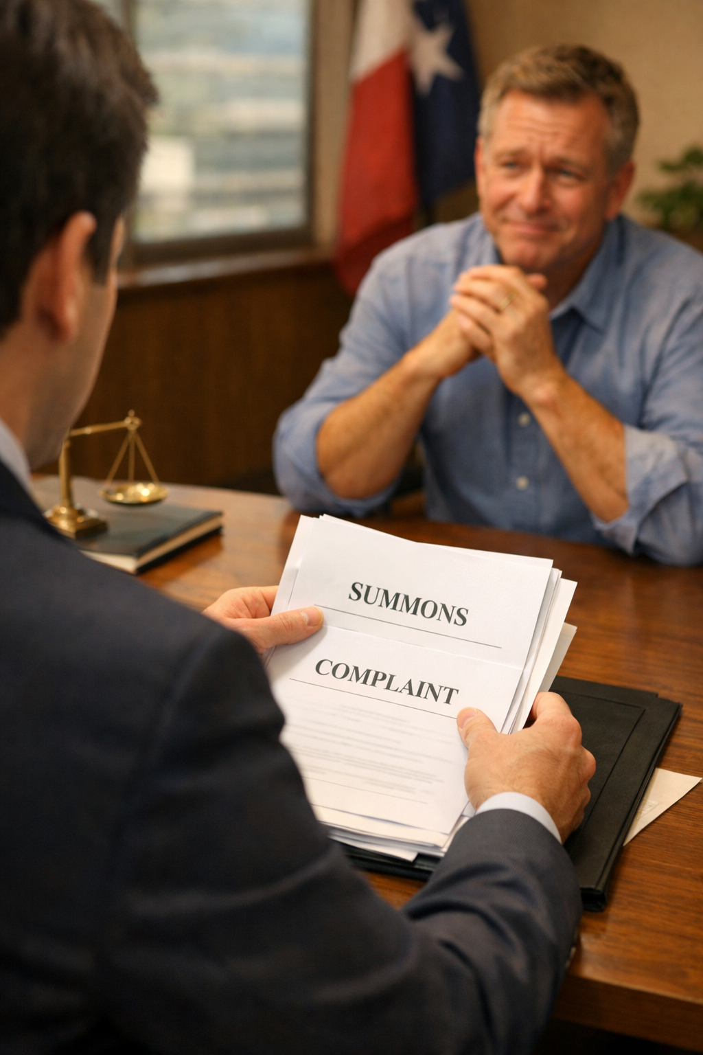 Attorney reviewing debt collection lawsuit papers with worried Texas resident