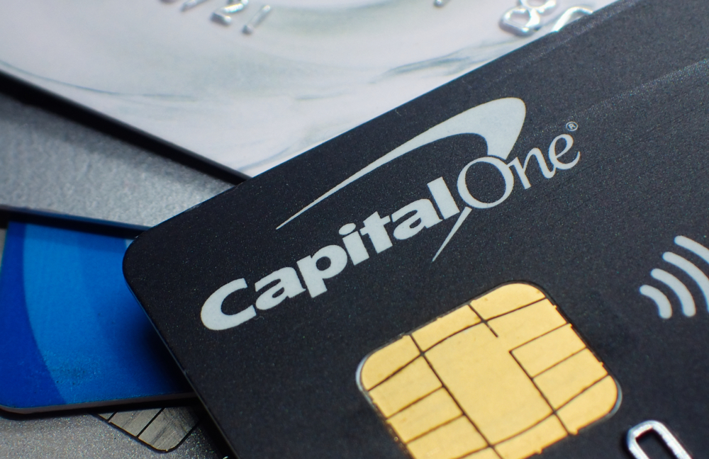 London, UK - 8 October 2018: Close up of a capital one credit debit loan finance wireless contactless bank card and chip.