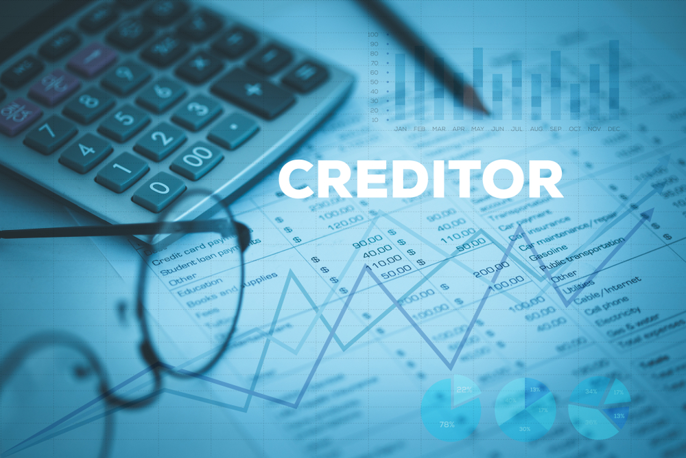 A calculator, pen, and eyeglasses rest on financial documents with "CREDITOR" overlaid and financial charts in the background.