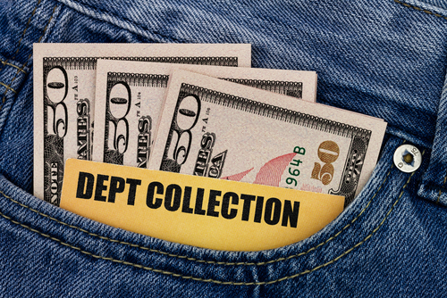 Debt collection business card in trouser pocket