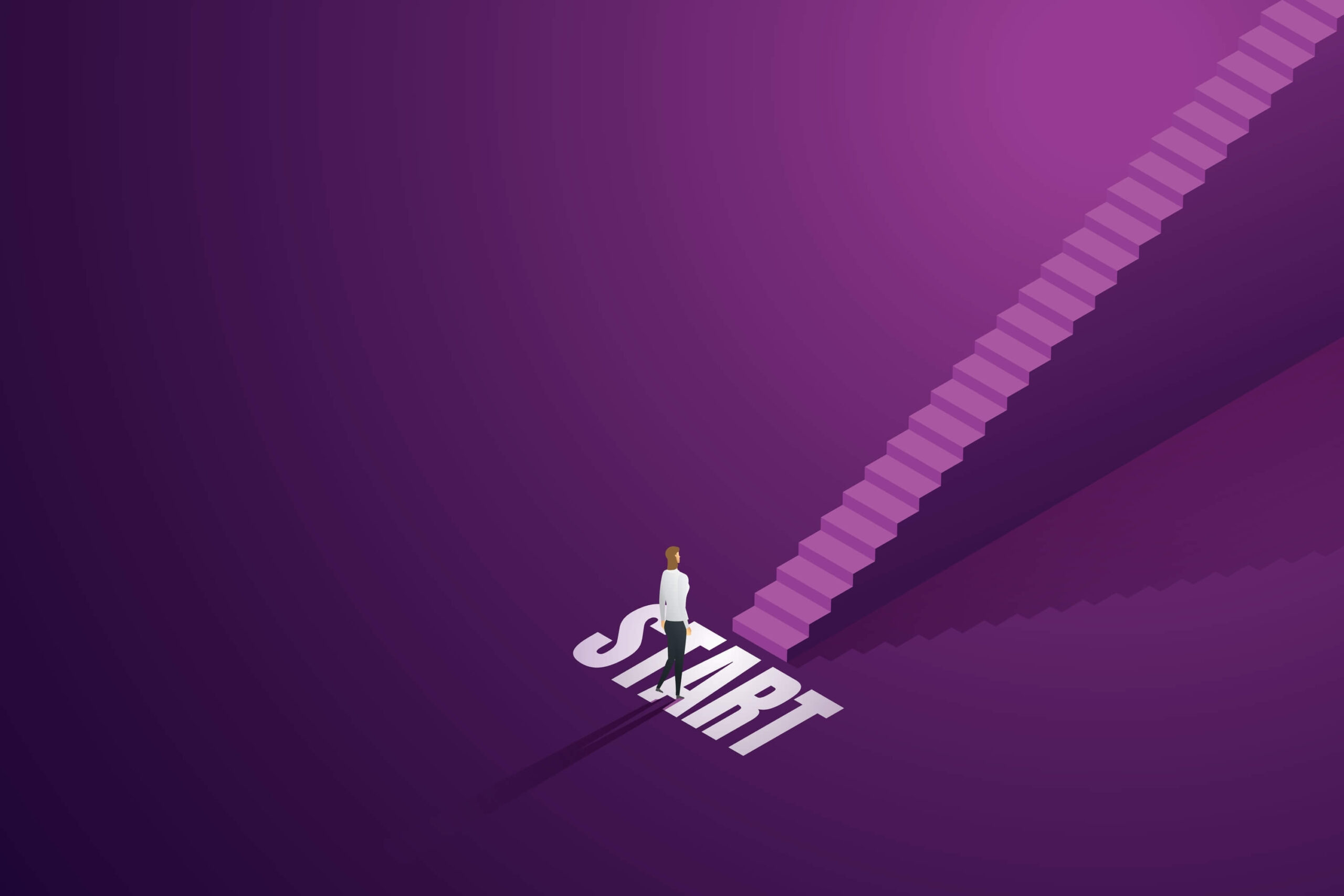 A purple background with a businessman standing next to the start of the stairs looking up 
