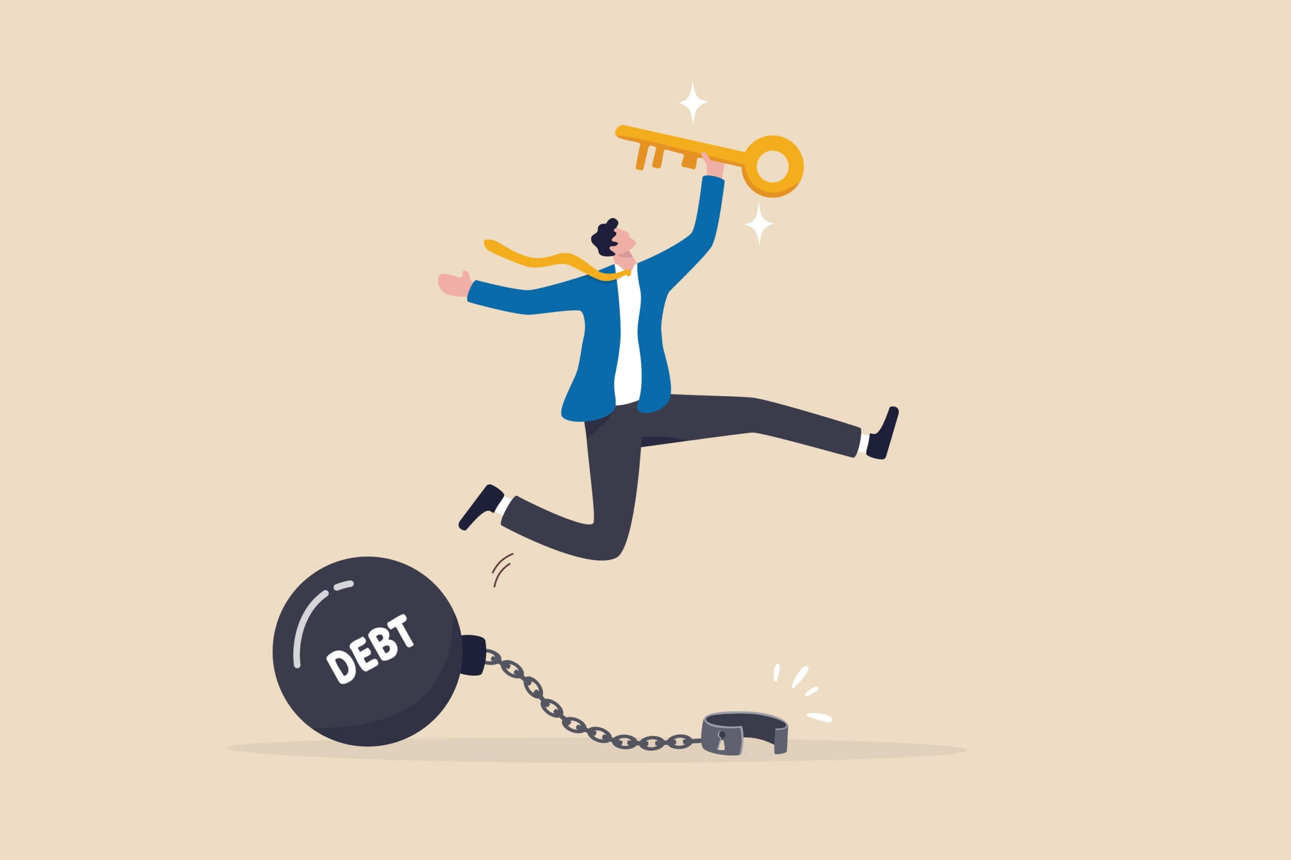 A cartoon man jumping in the air while holding a big golden key and behind the man is a ball and chain that says debt