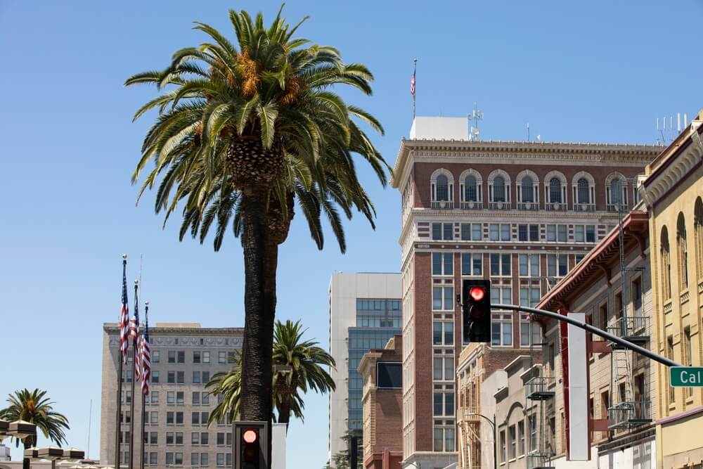 I picture of a building in Stockton California, in the picture there is a palm tree and a stop light 
