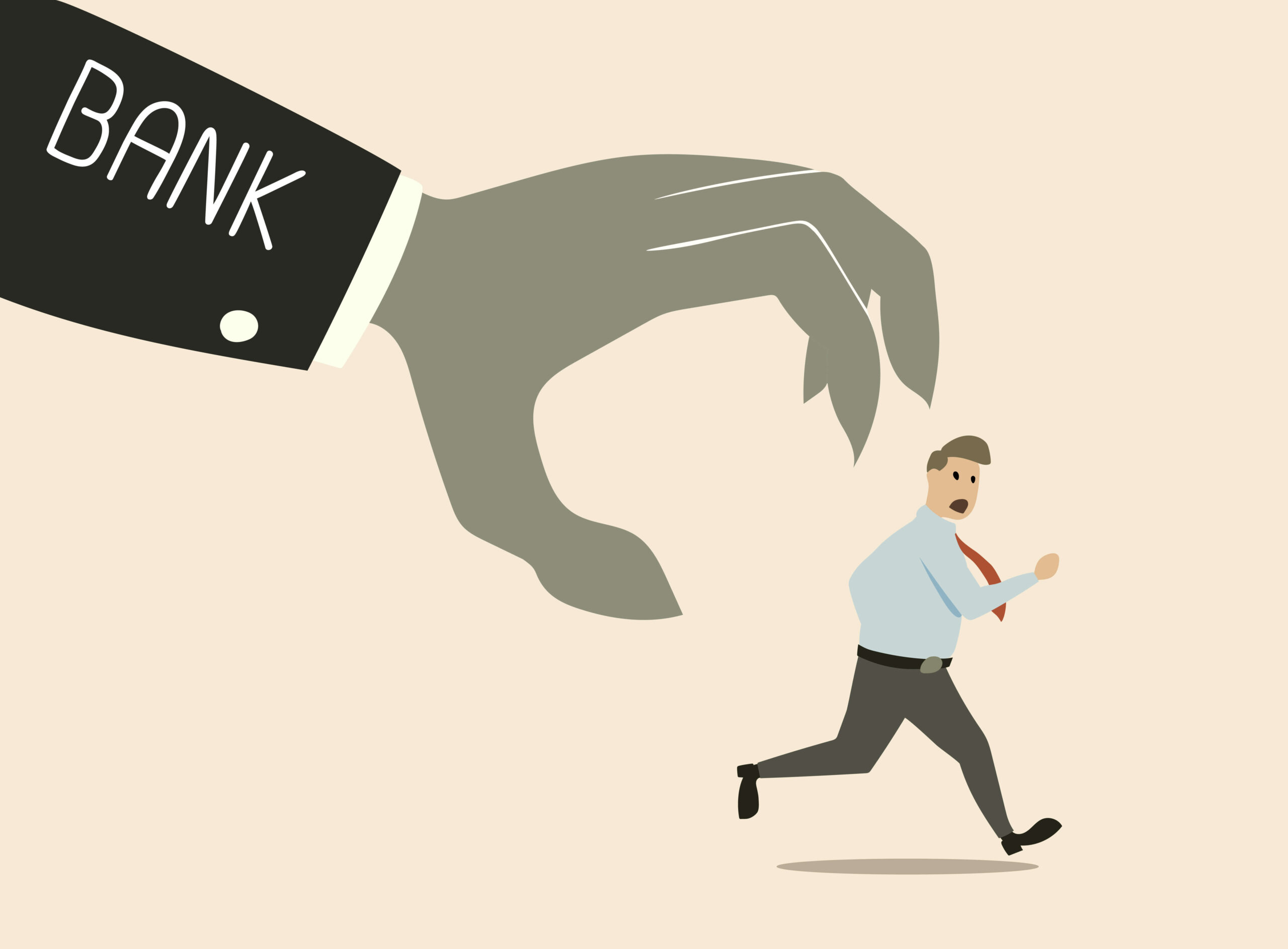 A cartoon of a man running away from a big hand that is trying to grab him and on the sleeve of the hand there is the word bank 