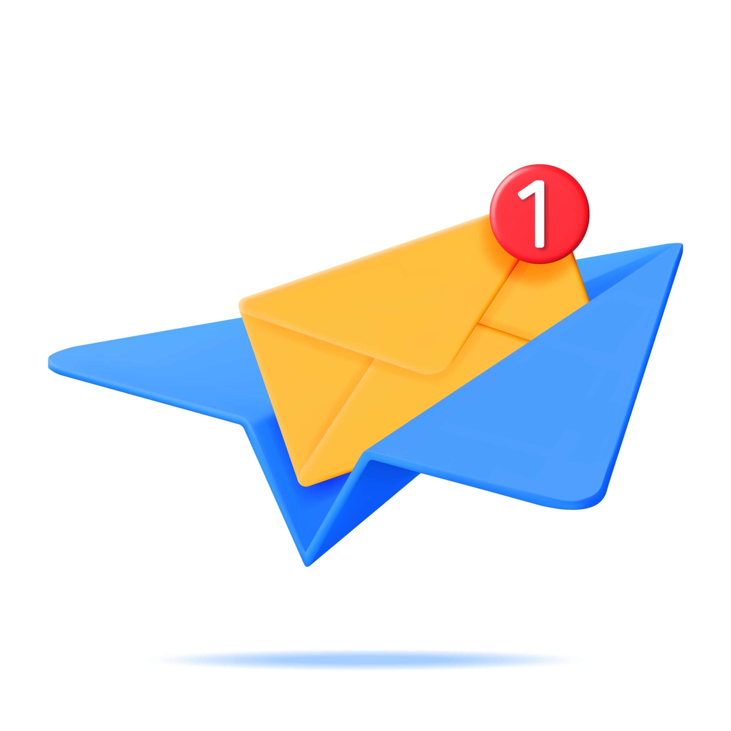 A yellow envelope that has a red notification circle is sitting on a blue paper airplane that is flying away, represent the mail getting sent
