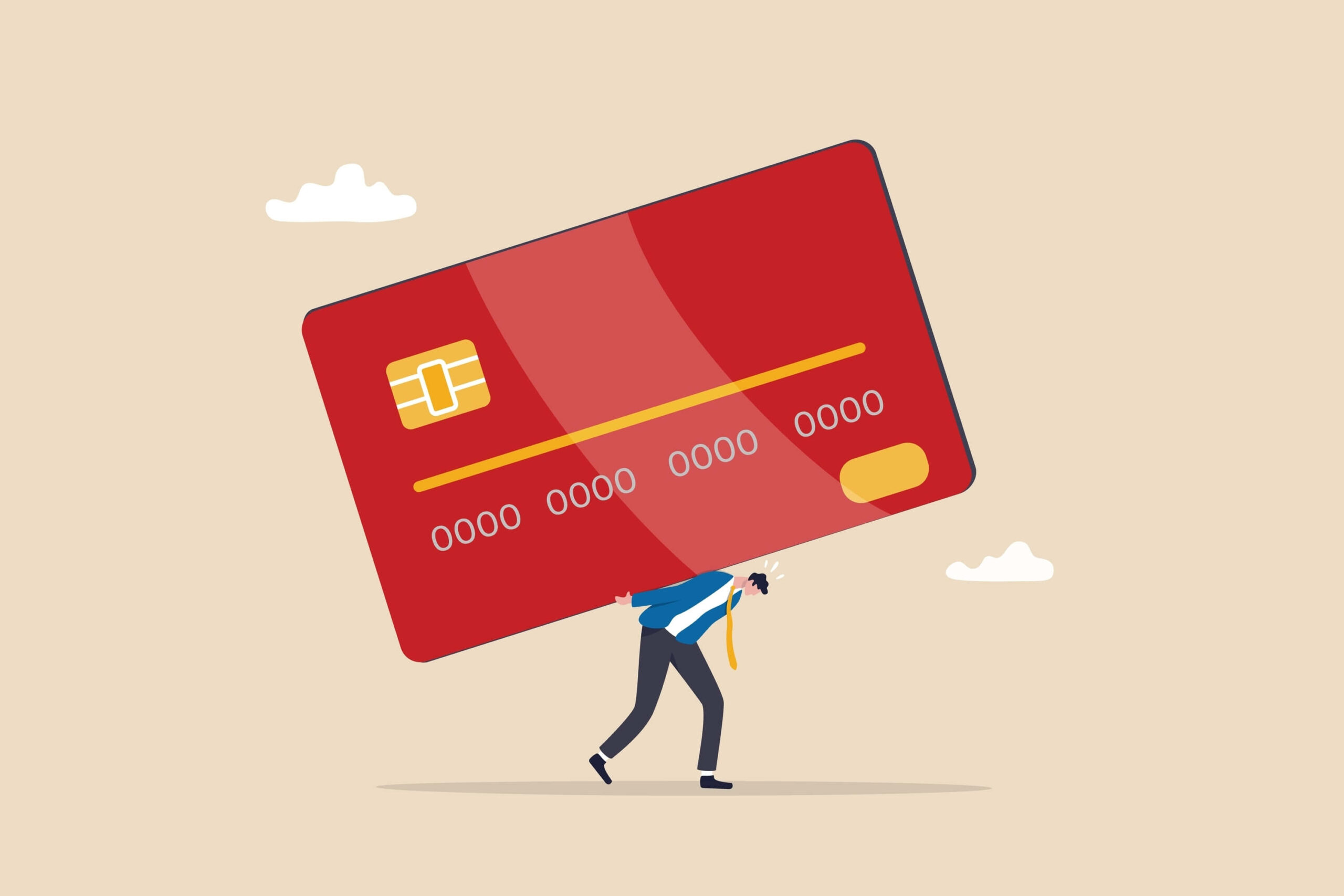 A cartoon image of a man holding a big red credit card on his back struggling to walk 