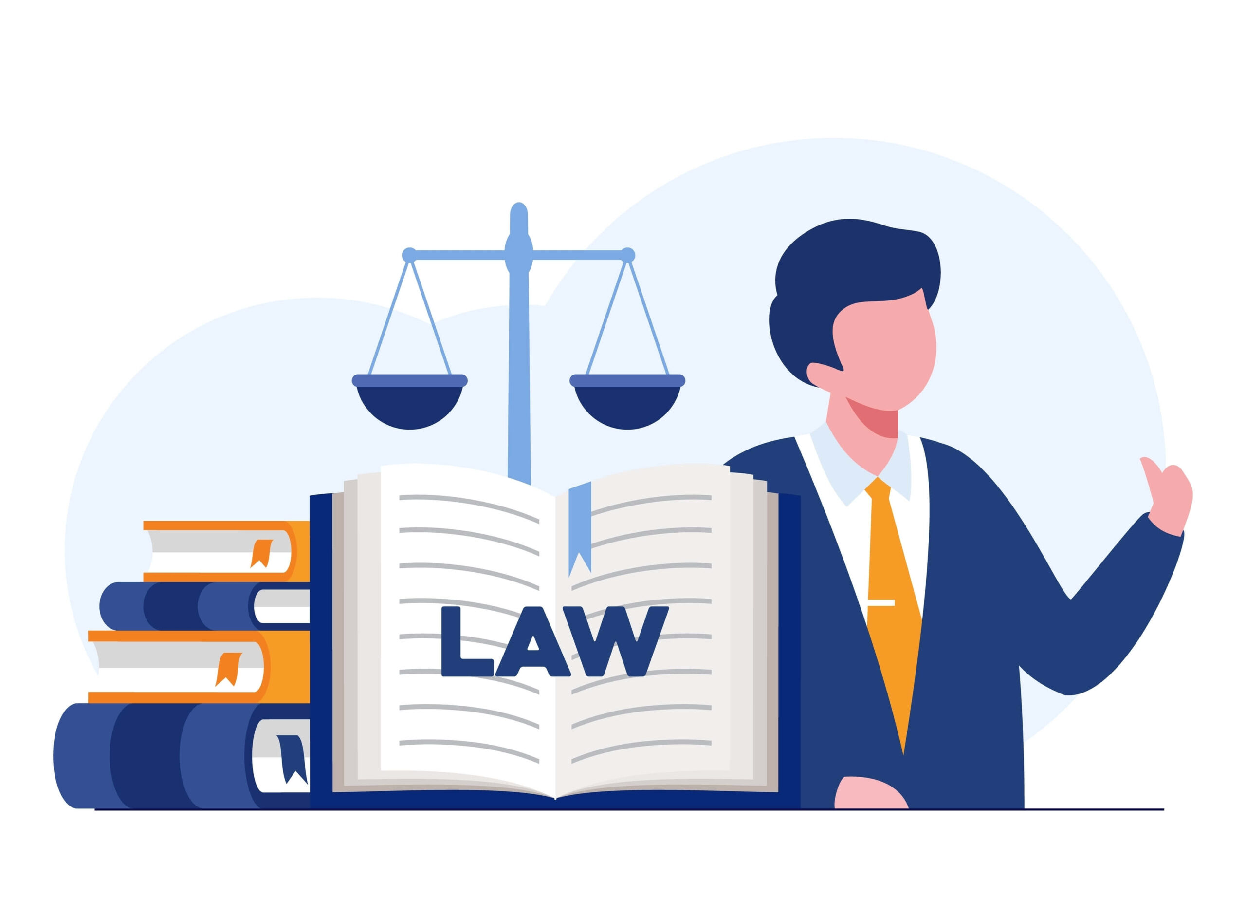 A cartoon image of a stack of four books with an open book that says law resting on the other books and behind the open book is the scale of justice and a businessman 