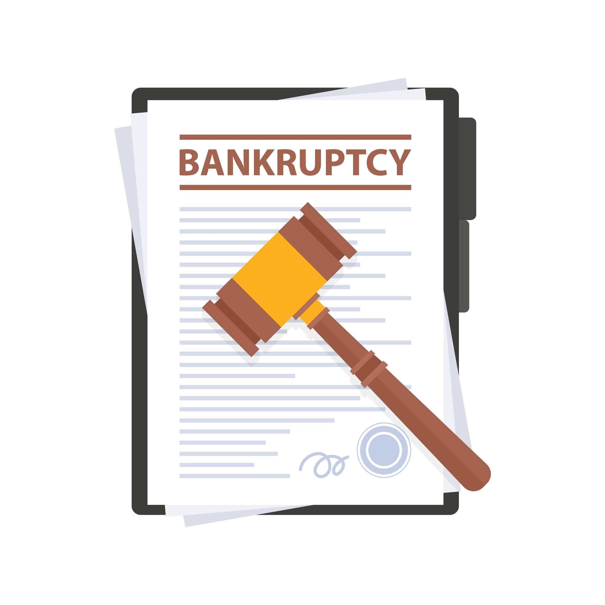 A cartoon image of a bankruptcy form with a gavel in front of the form 