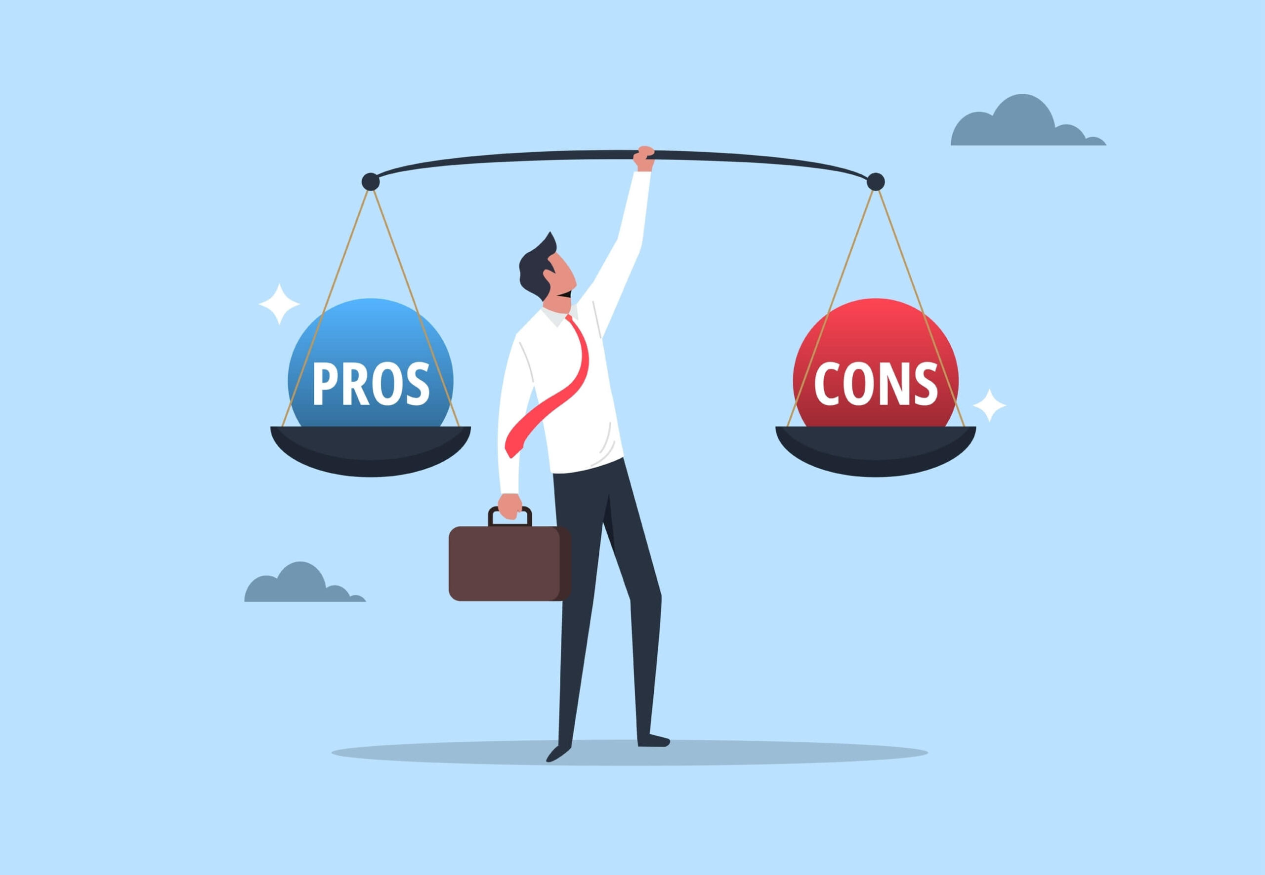 A cartoon image of a businessman holding a scale and on the left side of the scale there is a blue ball that says pros and on the right side of the scale there is a red ball that says cons and the scale is even