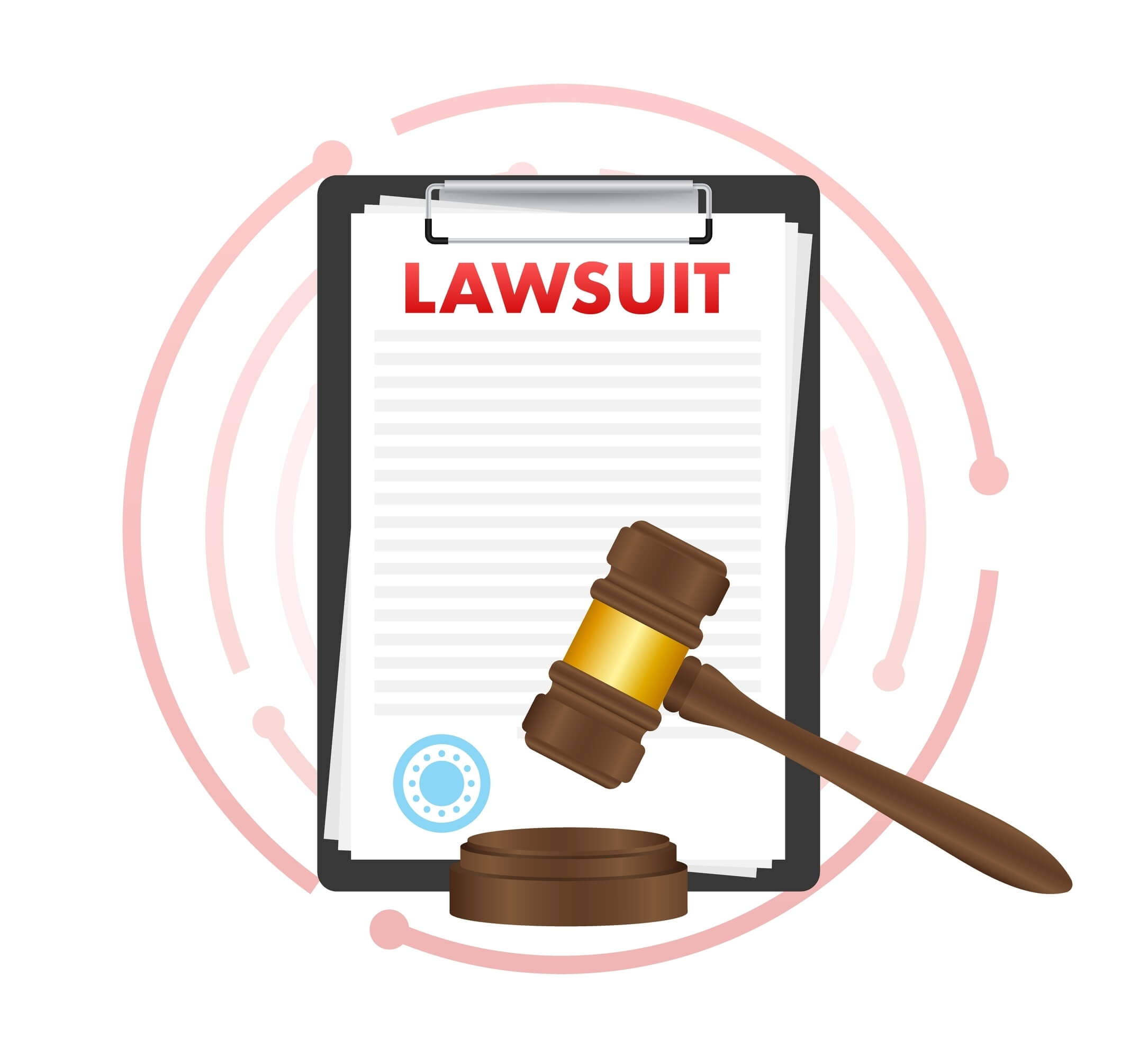 A cartoon image of a clipboard with a paper that says lawsuit in red and has a judges gavel hitting a sound block in front of the clipboard