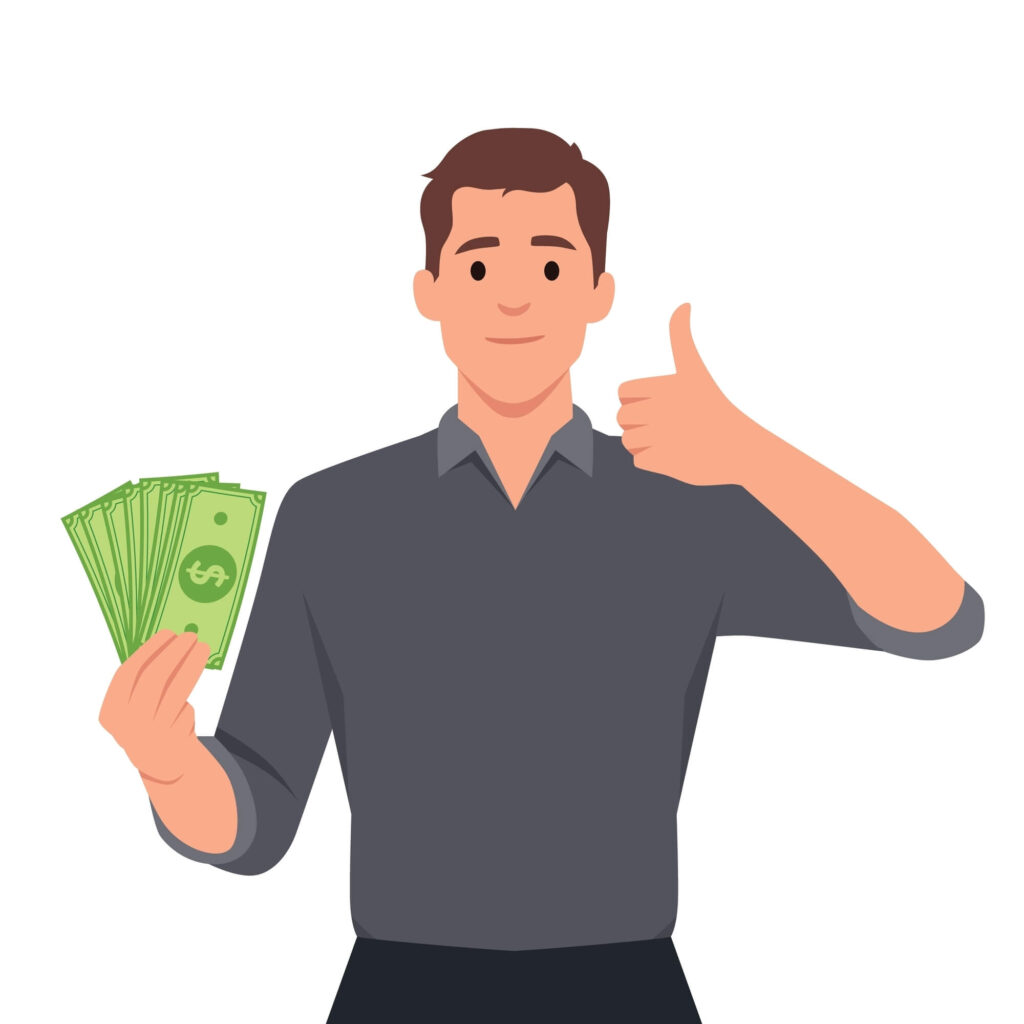 A cartoon image of a man holding a stack of money fanned out in one hand and his other hand as a thumbs up