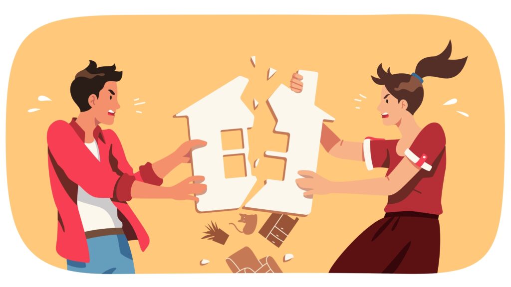 Property division conflict after couple divorce. Angry husband man, wife woman family persons fighting for house. Real estate separation disagreement problem concept flat vector illustration
