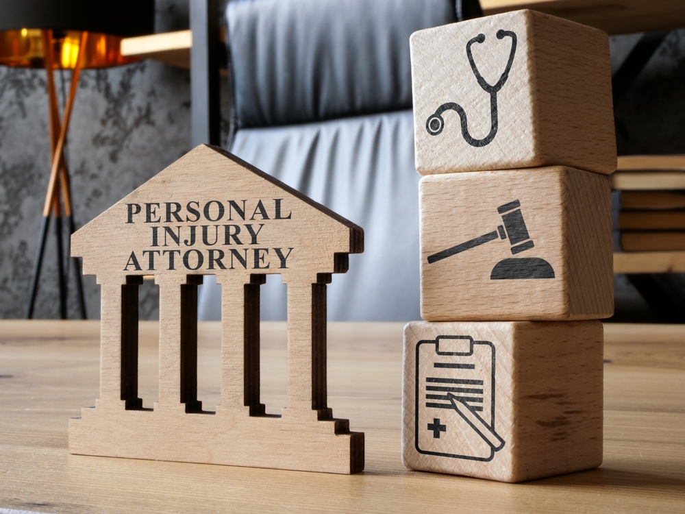 Wooden blocks with legal and medical symbols are stacked beside a cutout labeled "Personal Injury Attorney" on an office desk, prompting the question: are personal injury judgment dischargeable?.