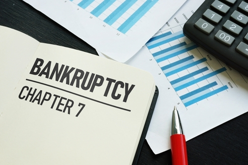 An open book displaying "Bankruptcy Chapter 7" lies beside financial charts, a calculator, and a red pen on a dark surface, prompting thoughts about whether one can exclude a credit card from Chapter 7 filings.