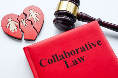 A red book titled "Collaborative Law" lies next to a wooden gavel and a broken heart symbol with family figures, hinting at how you can navigate divorce in Texas without going to court.