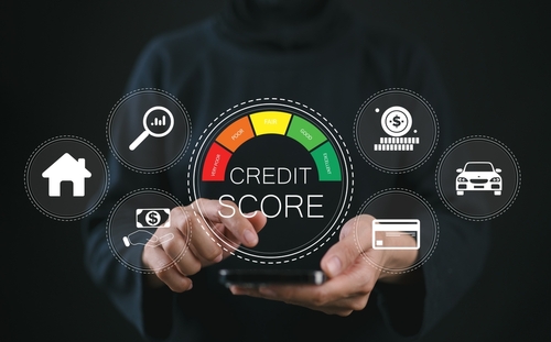 Credit score concept, Person use smartphone with virtual credit score icon for chart with credit history values. Online credit score ranking check. student loan, mortgage and payment cards.