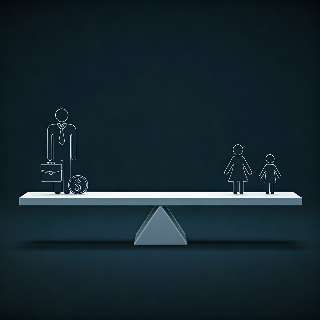 A seesaw balances a figure with a briefcase and money symbol on one side, while two smaller figures occupy the other, symbolizing the complex factors influencing reasons a judge will change custody in family dynamics.