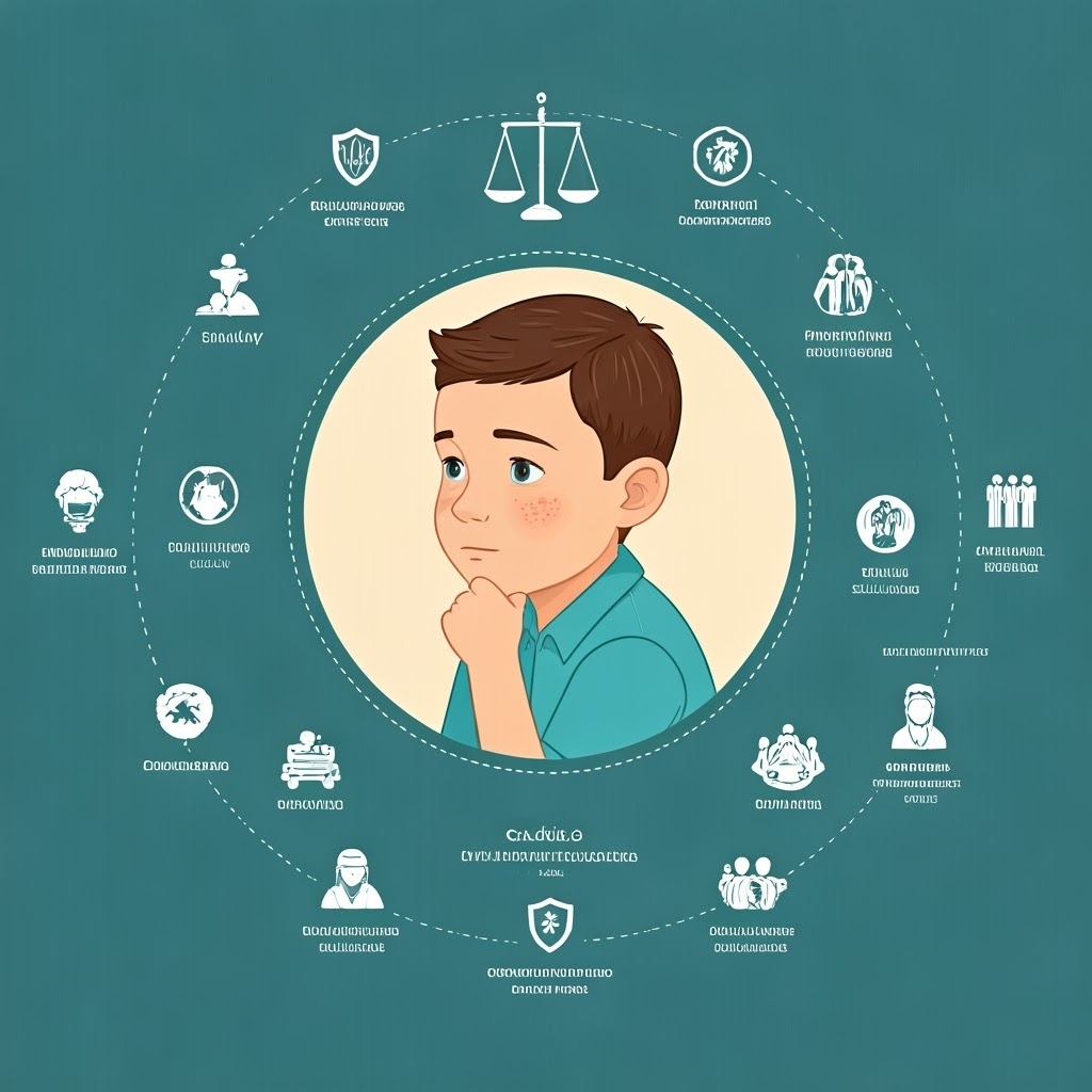 An illustration of a child, thoughtfully surrounded by icons depicting social and legal concepts, hints at the reasons a judge will change custody. A symbolic scale crowns the scene, emphasizing balance in decision-making.