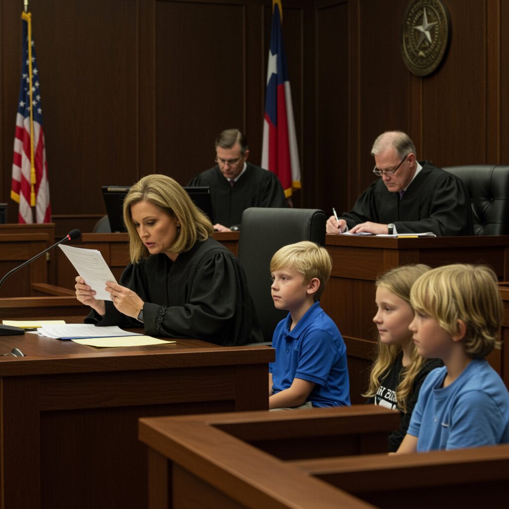 A judge reads a document in a courtroom, while three children sit next to her. Two judges are in the background. U.S. and Texas flags are visible.