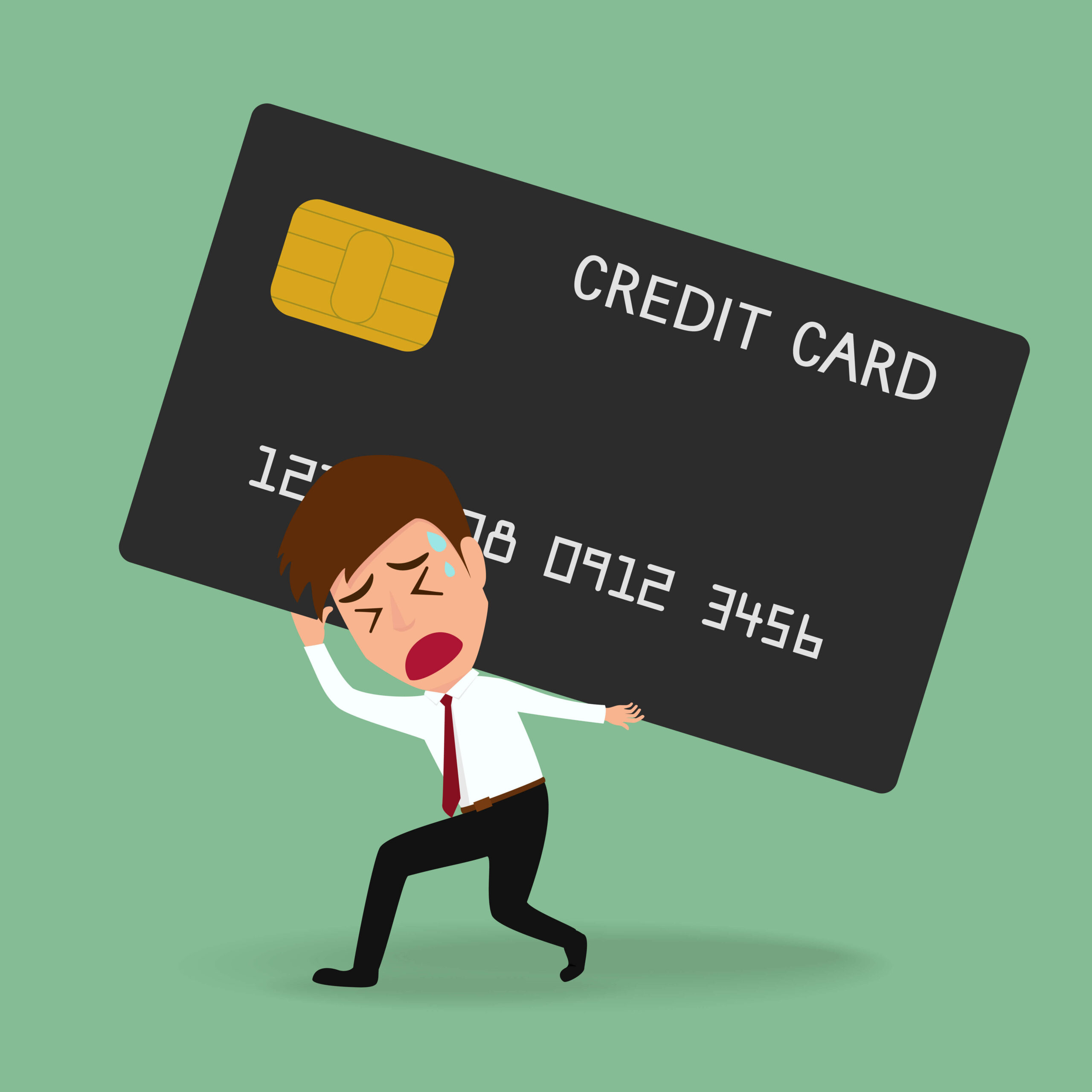 A cartoon image of a businessman struggling to carry a big black credit card on his back 