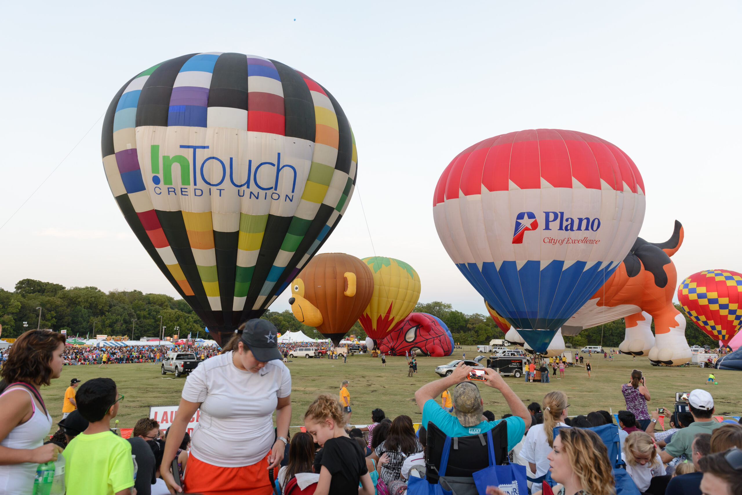 Hot air balloons, including some shaped like animals, inflate at a crowded festival with onlookers during sunset