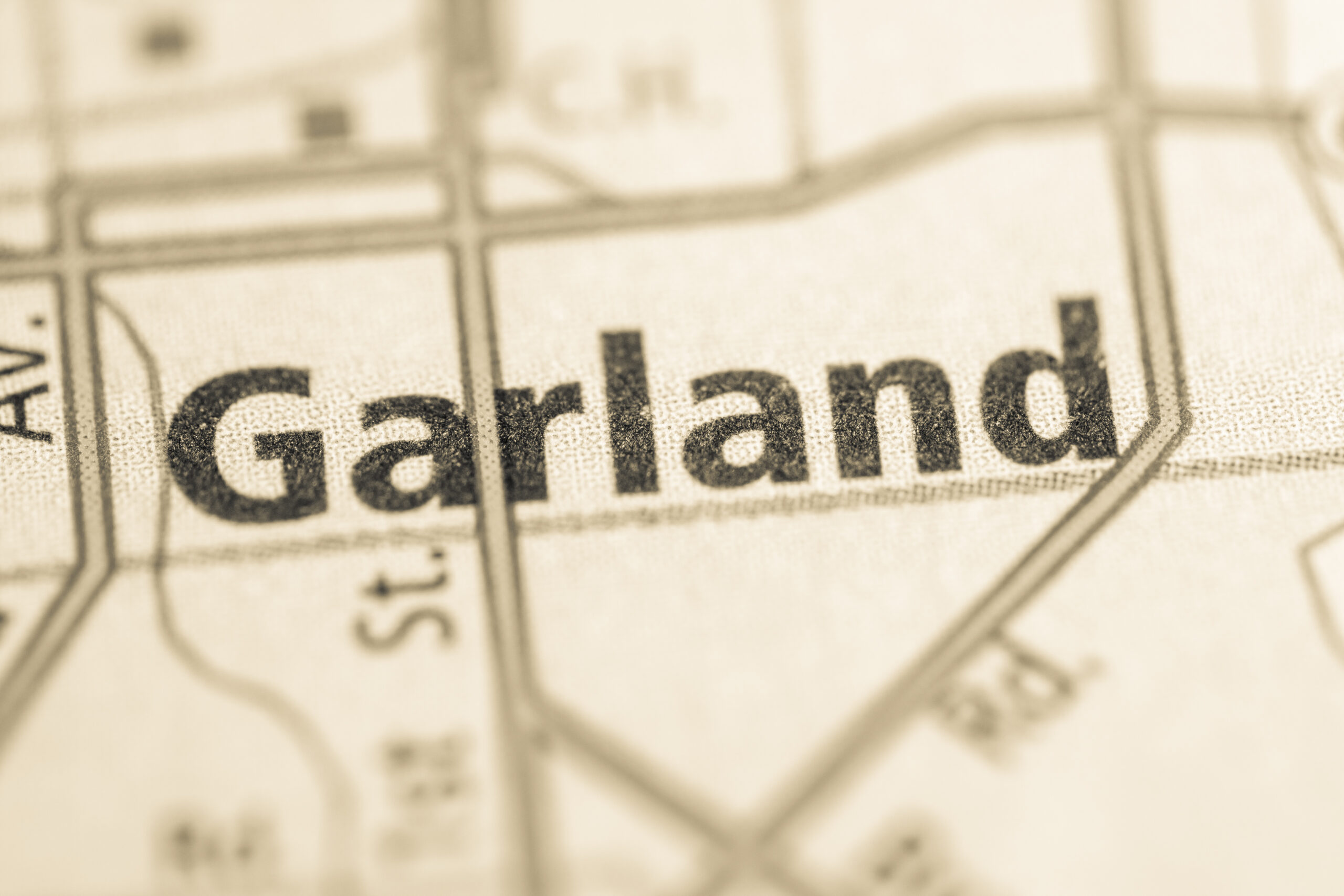 Close-up of a map showing the city name "Garland," with surrounding streets and areas partially visible.
