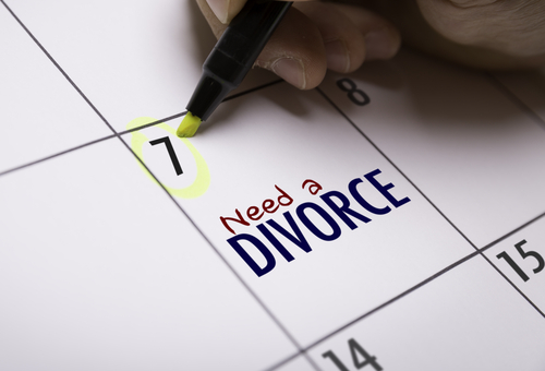 A close-up shows a calendar with the date "7" highlighted in yellow, accompanied by the words "Need a DIVORCE" in blue and red. This reminder sparks thoughts on whether you can get a divorce in Texas without going to court.