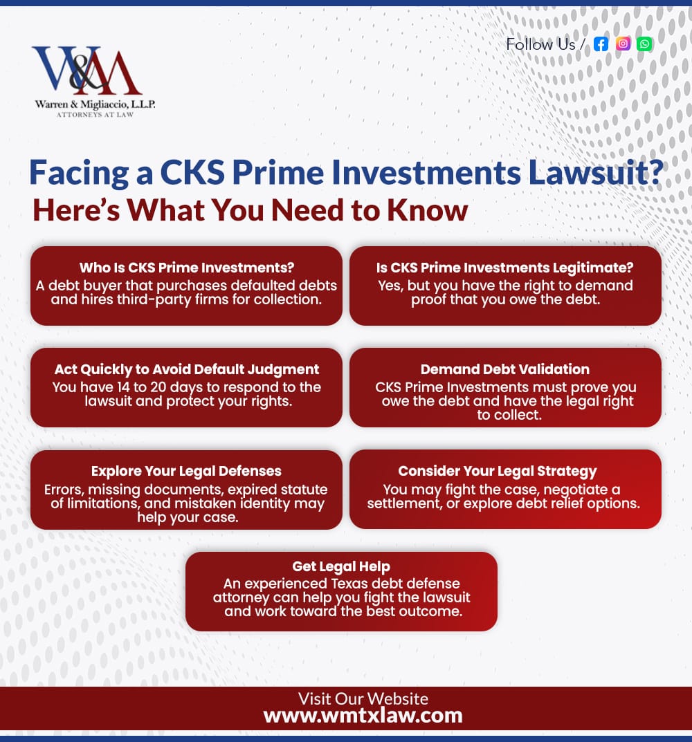 Infographic outlining key steps for handling a CKS Prime Investments lawsuit in Texas. Includes who CKS Prime Investments is, legitimacy concerns, the importance of responding quickly, debt validation, legal defenses, legal strategy options, and the benefits of legal assistance.
