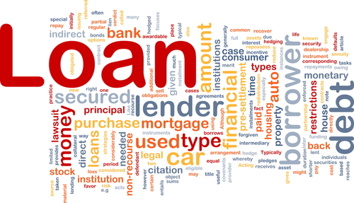 Word cloud with "Loan" as the largest word, surrounded by smaller words like "lender," "debts," "borrow," "money," and "documents you need to file for bankruptcies." Smaller yet secure terms include "bank" and "mortgage.