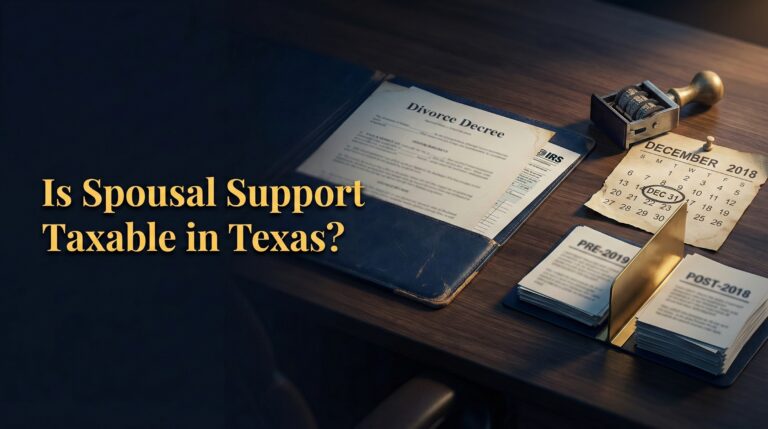 A divorce decree, IRS documents, date stamp, and tax booklets labeled "PRE-2018" and "POST-2018" are arranged on a desk next to the question: Is Spousal Support Taxable in Texas?.