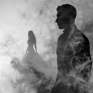 man and woman in clouds, wondering can i file for divorce if i can’t find my ex