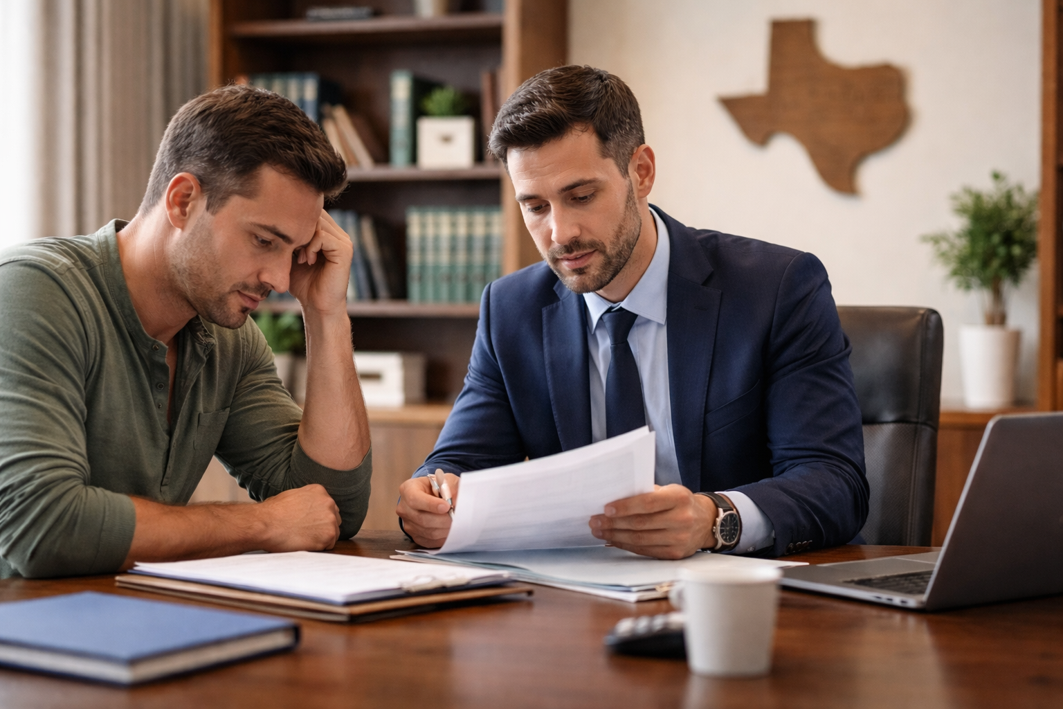 Attorney consultation in a Texas law office reviewing child support paperwork