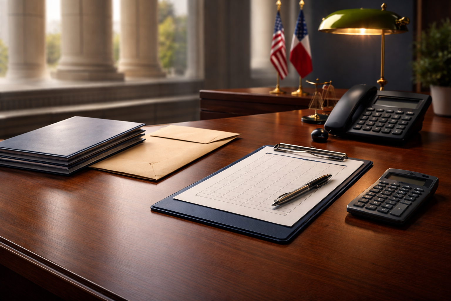 A calm desk setup for a Texas child support enforcement matter: navy folder, clipboard, calculator, sealed envelope, and phone, with subtle courthouse columns in the background