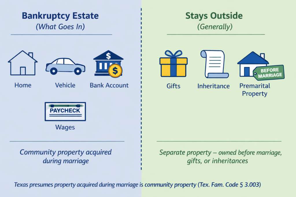 A graphic comparing bankruptcy estate assets (home, vehicle, bank account, wages) to assets that stay outside (gifts, inheritance, premarital property) in Texas community property law.