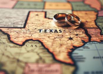 map of a texas with wedding rings on top of it discussing divorce rates in texas