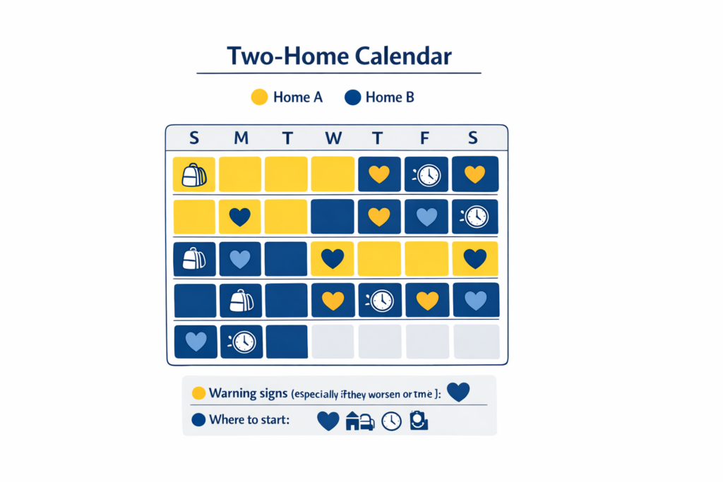 A two-home calendar shows alternating weeks for Home A and Home B, using yellow and blue icons for bags and clocks, along with heart symbols for each day.