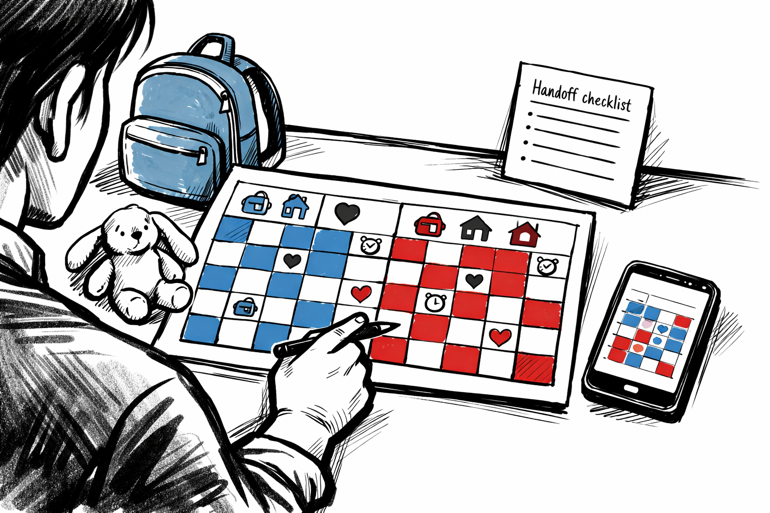 Two-home custody calendar helping a child cope with divorce in Texas