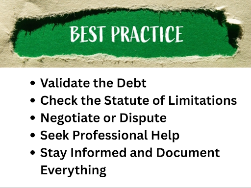 A torn green banner reads "Best Practice" above a list: Validate the Debt, Negotiate or Dispute, Seek Professional Help, Stay Informed and Document Everything.