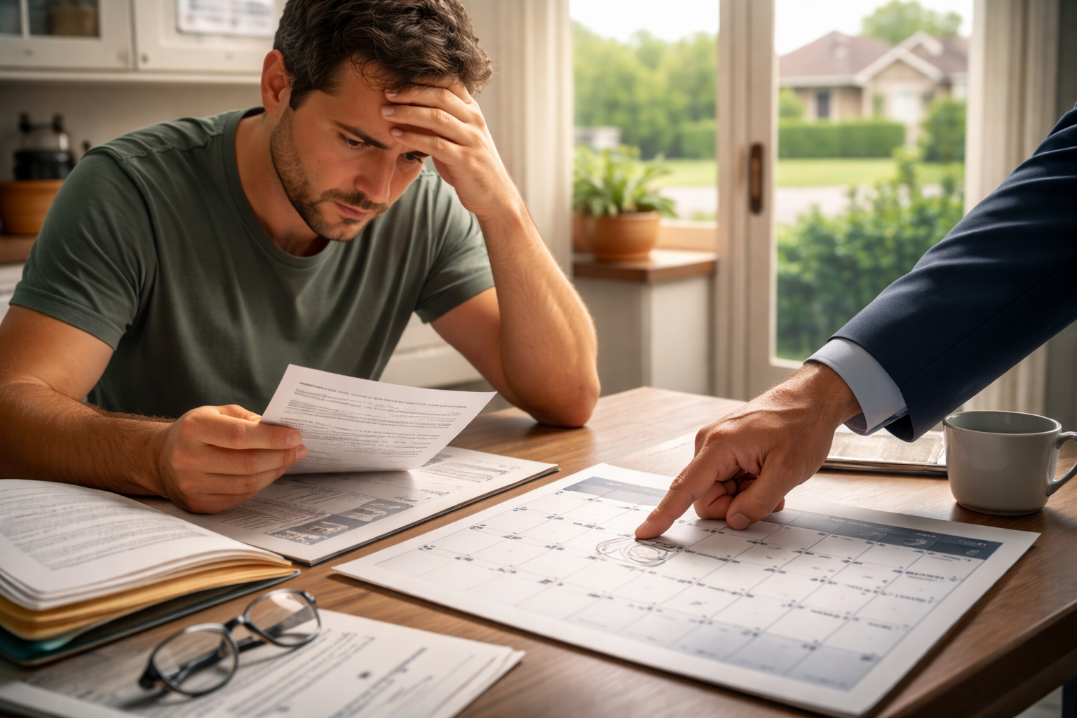 Stressed Texas consumer reviewing court citation and calendar deadline with attorney guidance